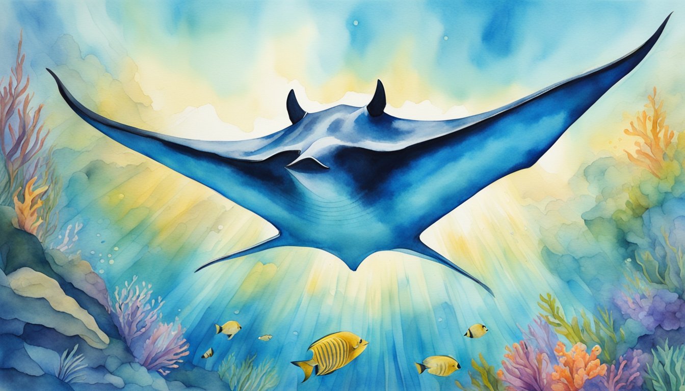 A massive manta ray glides through the crystal-clear waters, its wings stretching up to 23 feet wide, dwarfing the surrounding marine life