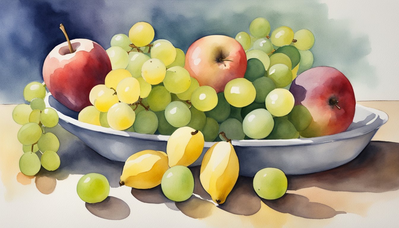 A pile of fruit with a red apple, yellow banana, and green grapes.</p><p>A measuring cup of sugar next to them