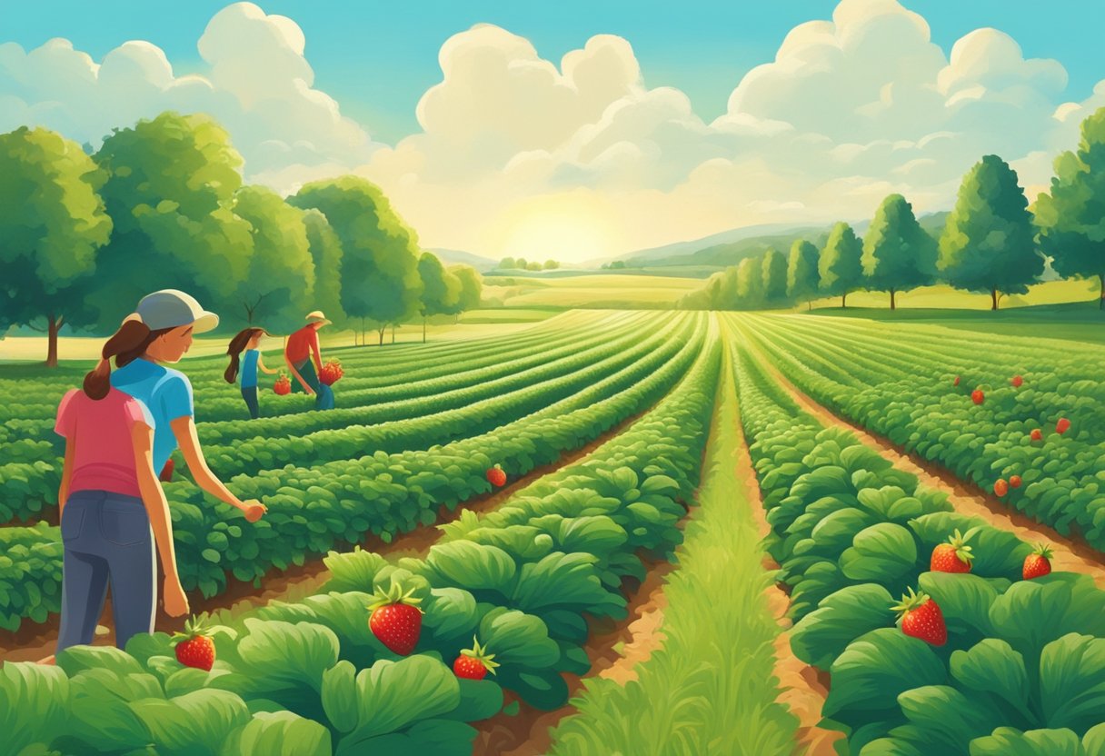 Lush green fields with rows of ripe red strawberries, under a bright blue sky, with families and friends picking fruit in the distance