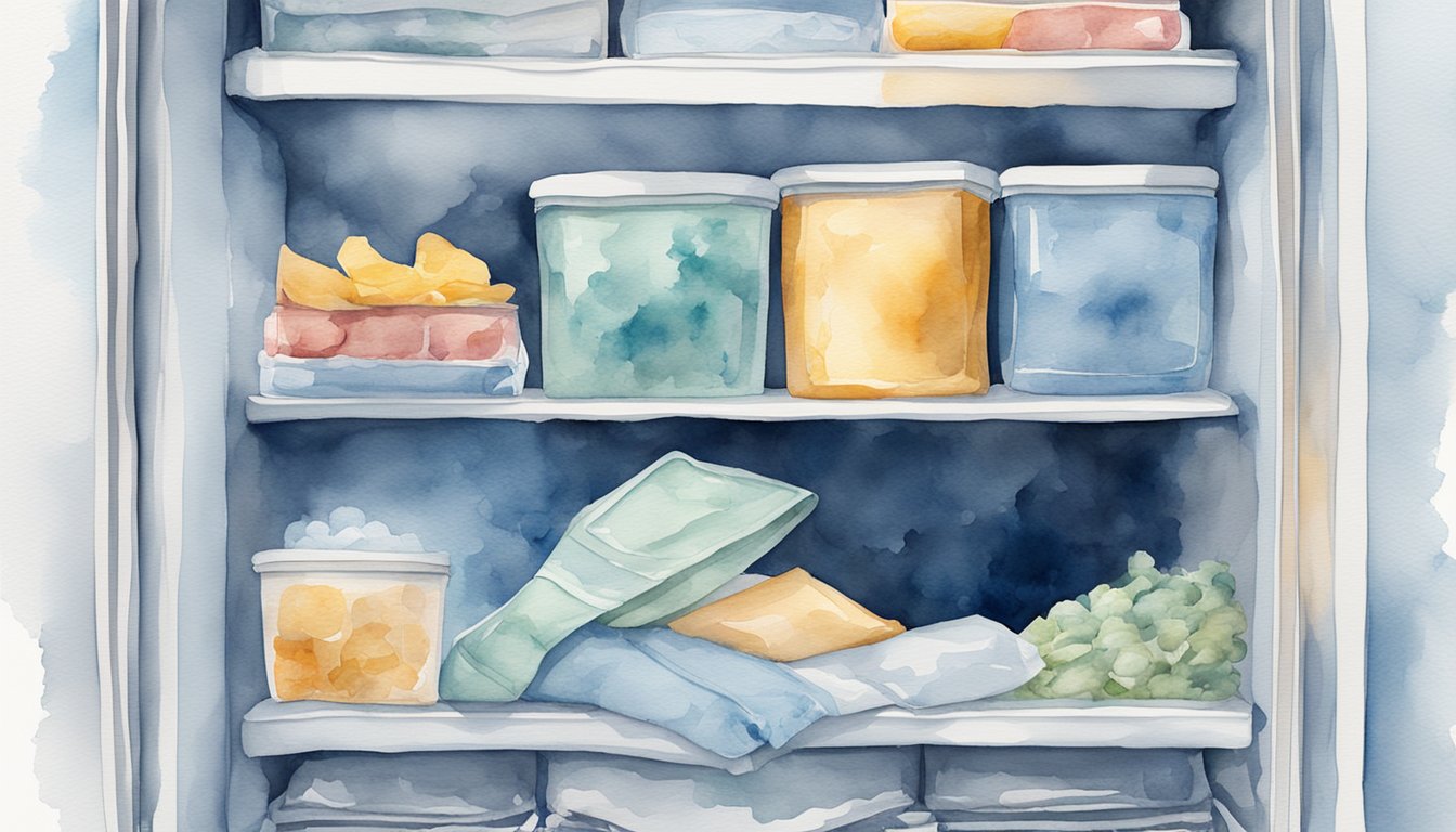 A pair of jeans is placed inside a household freezer, surrounded by frozen items