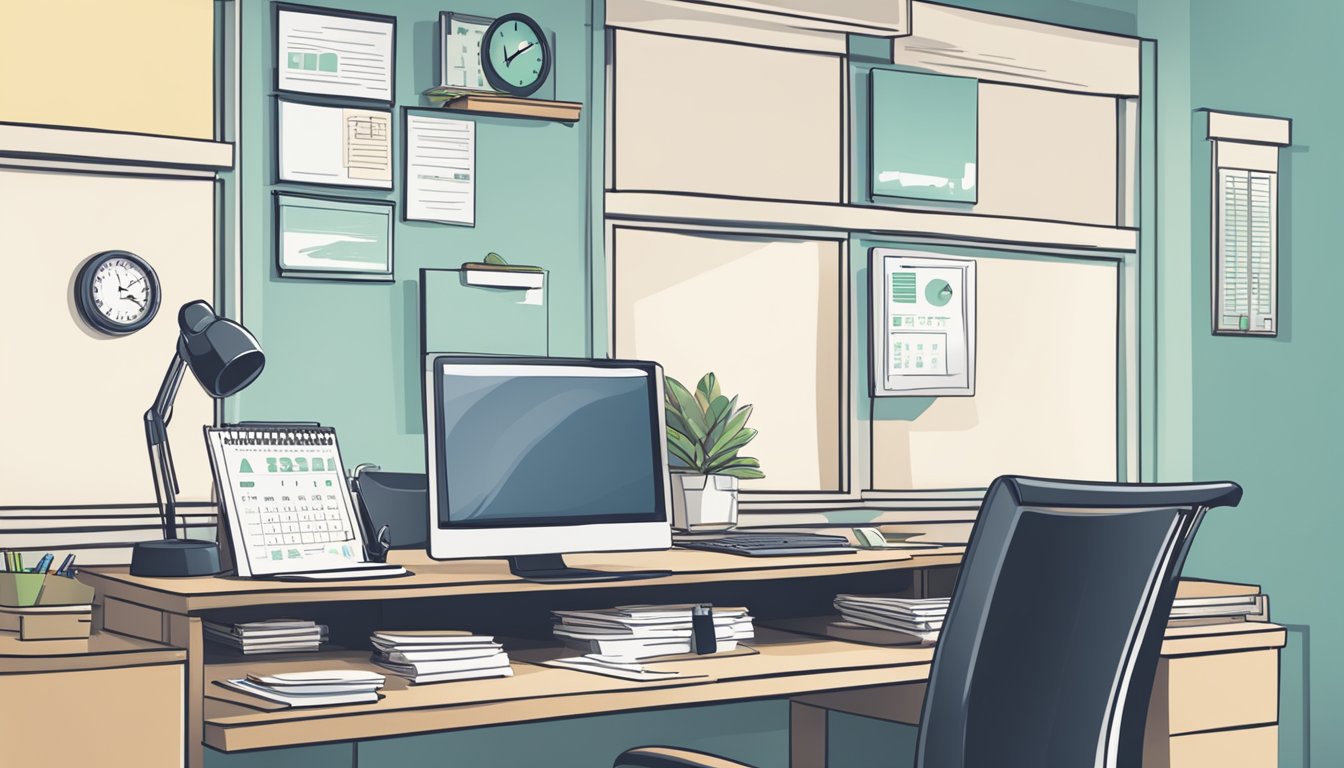 A desk with a computer, phone, and paperwork. A calendar and clock on the wall. A sign with the words "Executive Assistant Salary in Singapore."