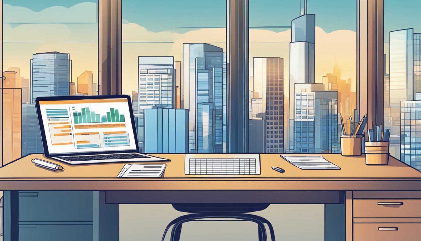 A desk with a laptop, calendar, and pen. A city skyline in the background. A salary survey report on the desk