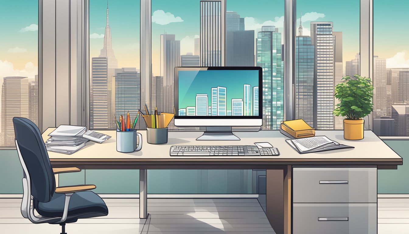 A desk with a computer, phone, and paperwork. A cityscape in the background. A salary chart and calculator on the desk