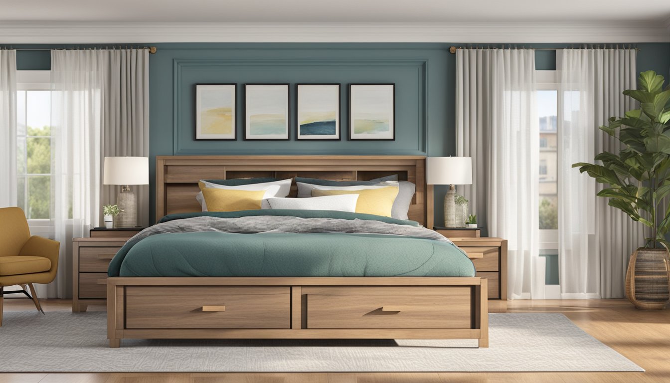 A king size bed frame with built-in storage drawers underneath