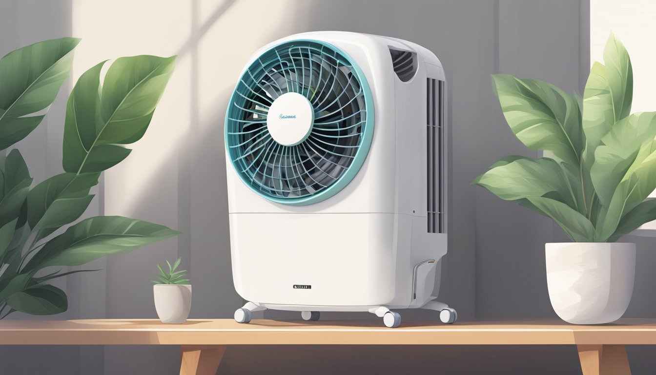 A room air cooler sits in the corner, releasing a gentle stream of cool air into the room. The blades of the fan spin quietly as it hums softly in the background