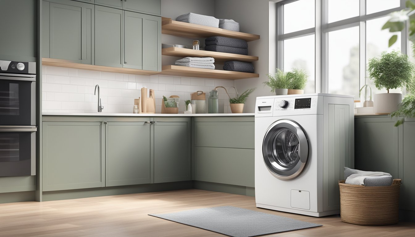 A sleek, modern washing machine with the brand logo prominently displayed, set against a backdrop of a clean and organized laundry room in a Singaporean home