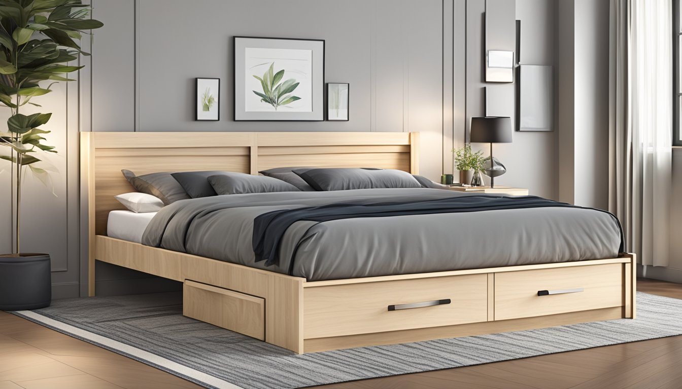 A king size bed frame with built-in storage drawers, sleek design, and sturdy construction