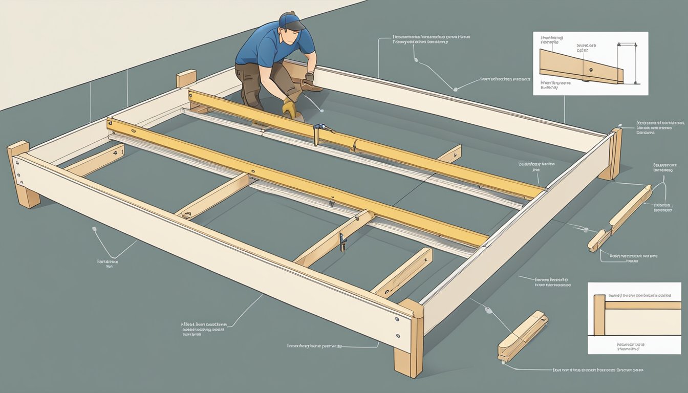 A person assembling a king size bed frame with built-in storage, using tools and following instructions