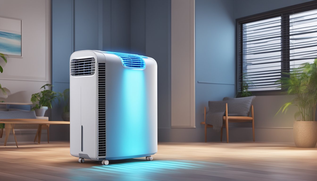 A room air cooler sits in the corner, releasing a gentle stream of cool air. The water tank glistens in the light, and the control panel is illuminated with soft blue LEDs