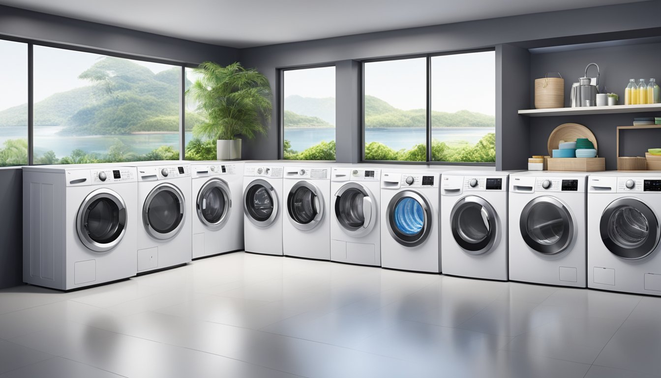 A lineup of top washing machine brands displayed in a modern Singaporean appliance store