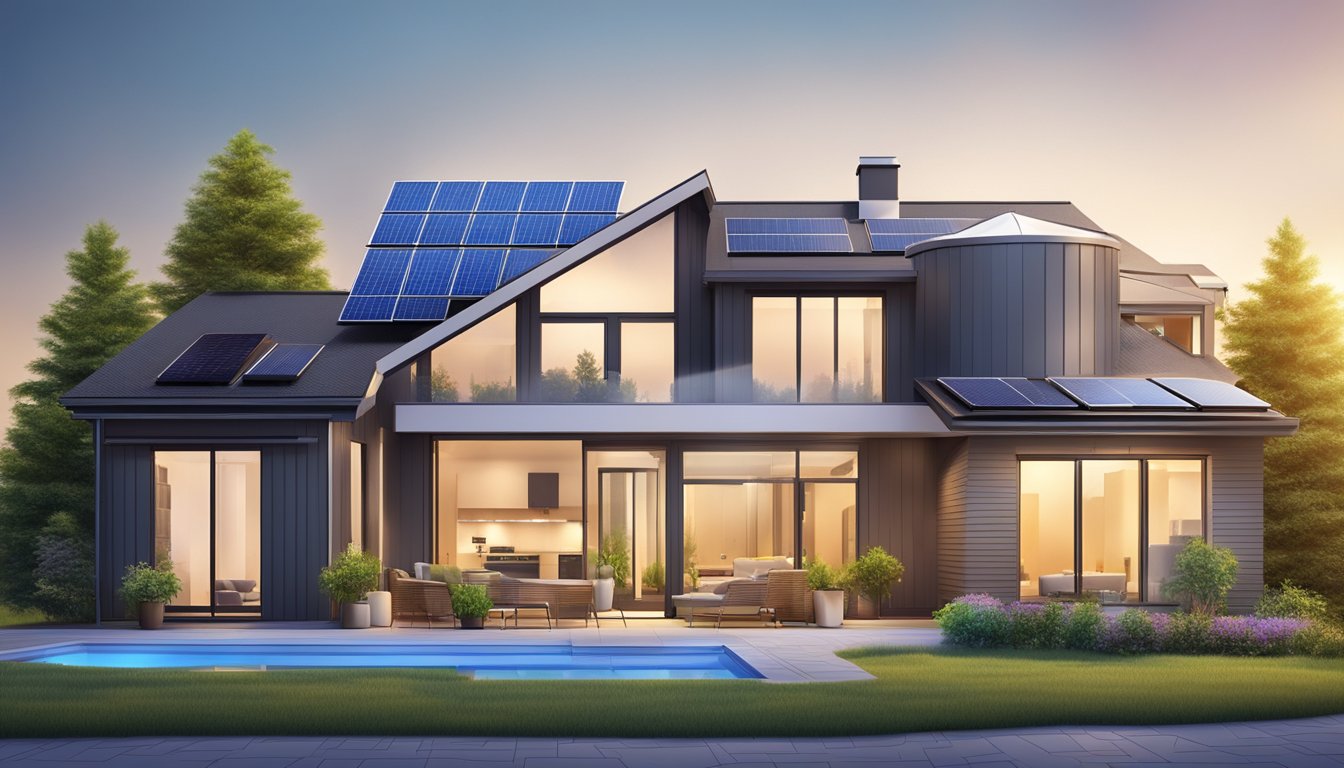 A modern home with energy-efficient appliances, LED lighting, smart thermostats, and solar panels on the roof