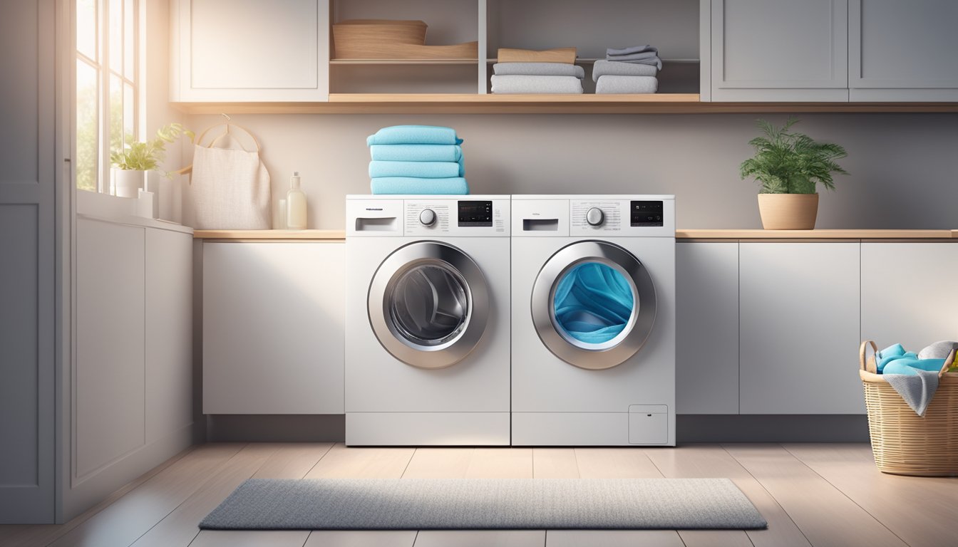 A modern, sleek washing machine with advanced features stands in a clean, bright laundry room, surrounded by neatly folded clothes and a basket of detergent pods
