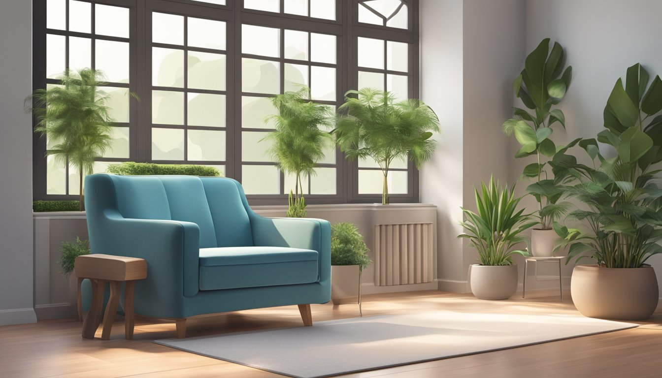 A room air cooler sitting in a corner, with a sleek and modern design. It is surrounded by a comfortable seating area and plants, creating a cozy and inviting atmosphere