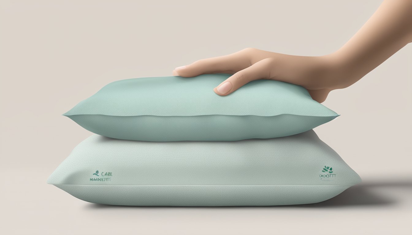 A hand gently fluffs a latex contour pillow. A soft, clean cloth wipes away any dust. A label reads "Care and Maintenance for Longevity."