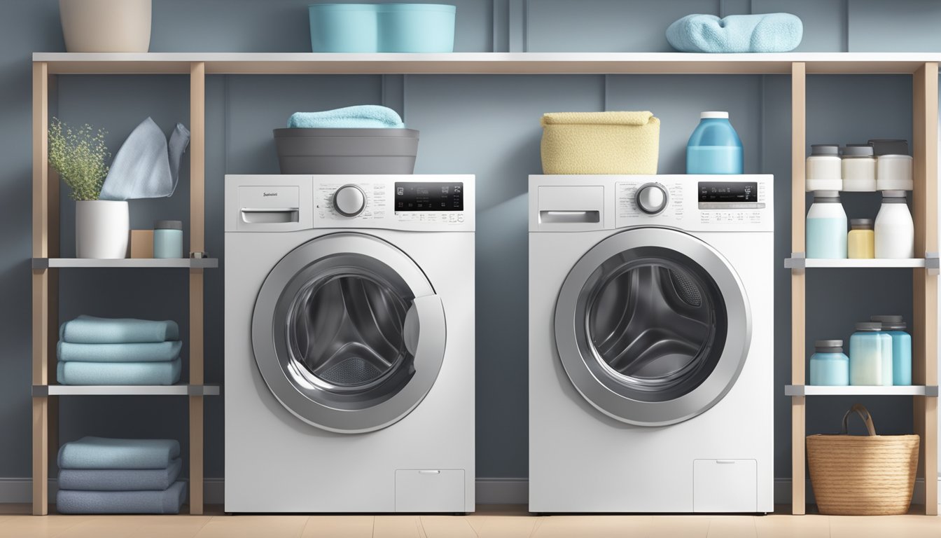 A top-loading washing machine with a sleek, modern design stands in a bright, clean laundry room. The machine is surrounded by shelves stocked with detergent and fabric softener