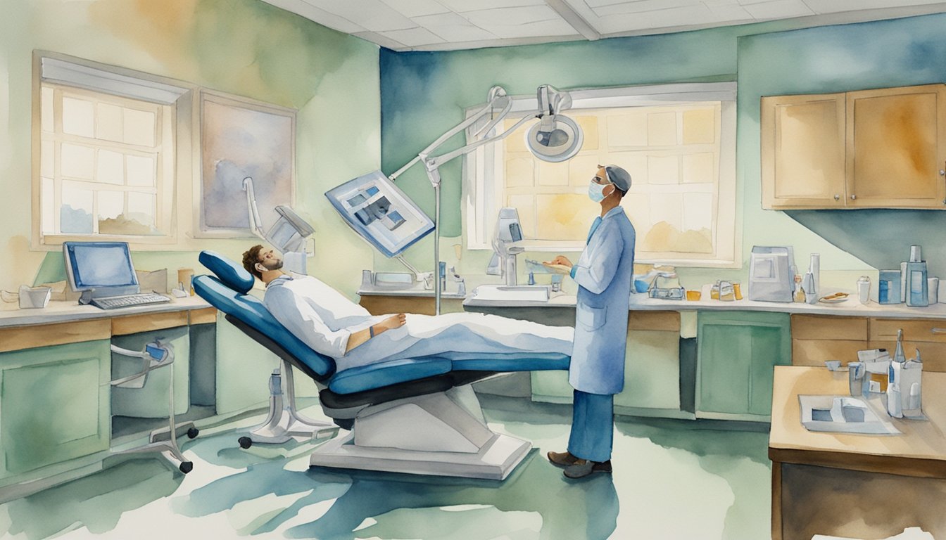 A patient reclines in a dental chair as a dentist examines X-rays of their wisdom teeth.</p><p>Instruments and tools are laid out on a nearby tray