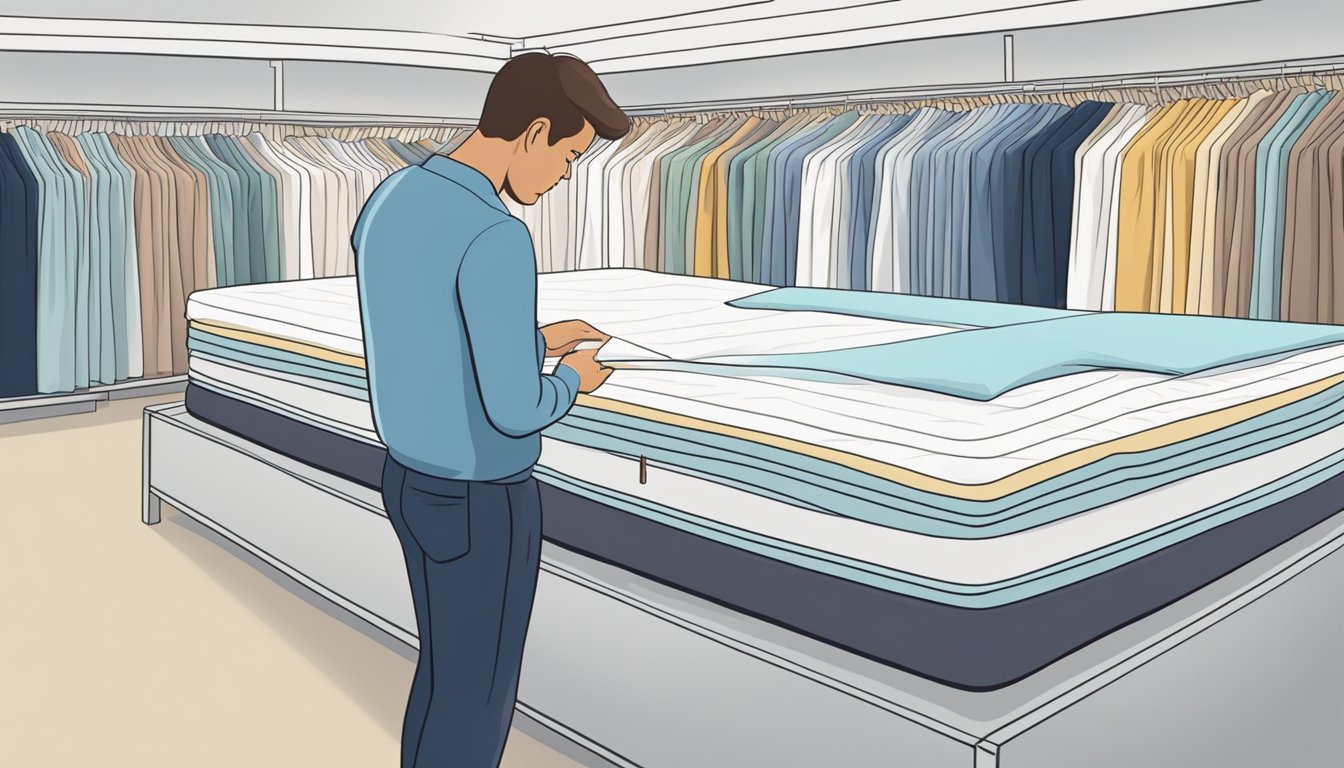 A person comparing different mattress protectors in a store, examining fabric, size, and features