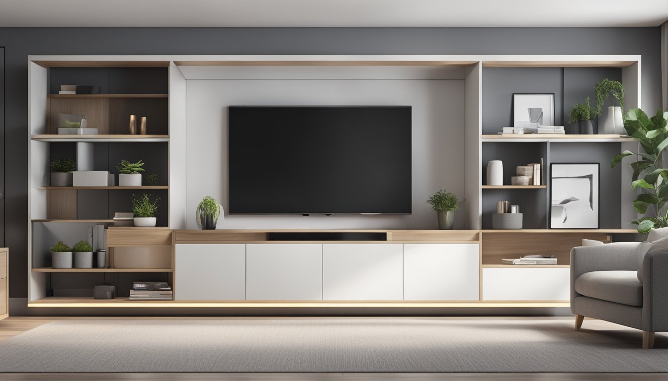 A sleek, modern TV cabinet in a living room, with built-in shelves and storage compartments, situated against a clean, minimalist backdrop
