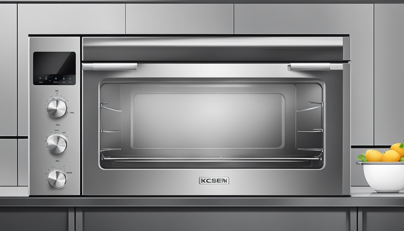 A small, stainless steel home oven sits on a kitchen counter, its compact size easily fitting into any modern kitchen space