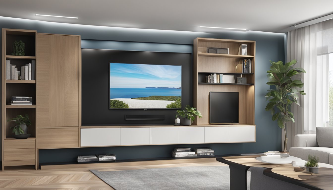 A sleek, modern built-in TV cabinet with clean lines and integrated storage compartments. The cabinet is mounted on the wall, with a recessed area for the TV
