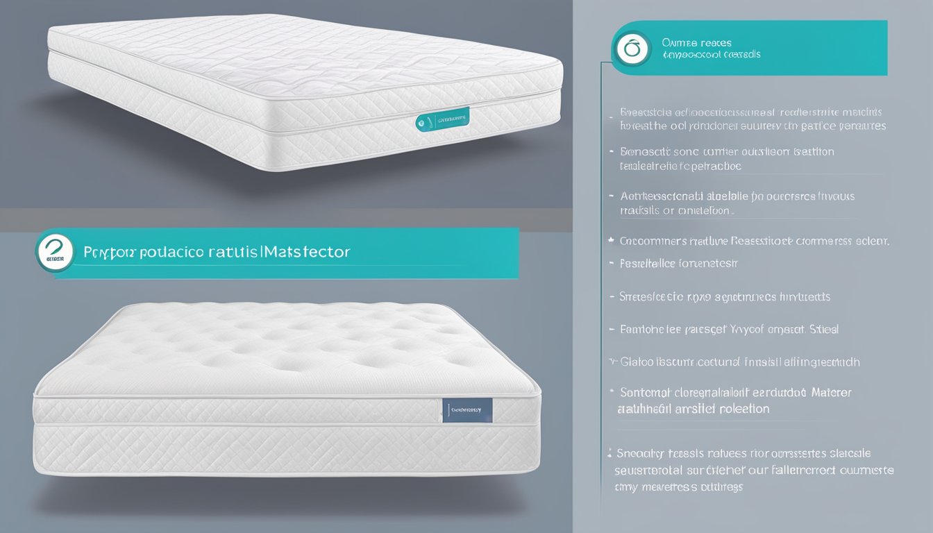 A mattress protector displayed with various options, including waterproof, hypoallergenic, and breathable materials. Labels highlight features and sizes for customers to compare