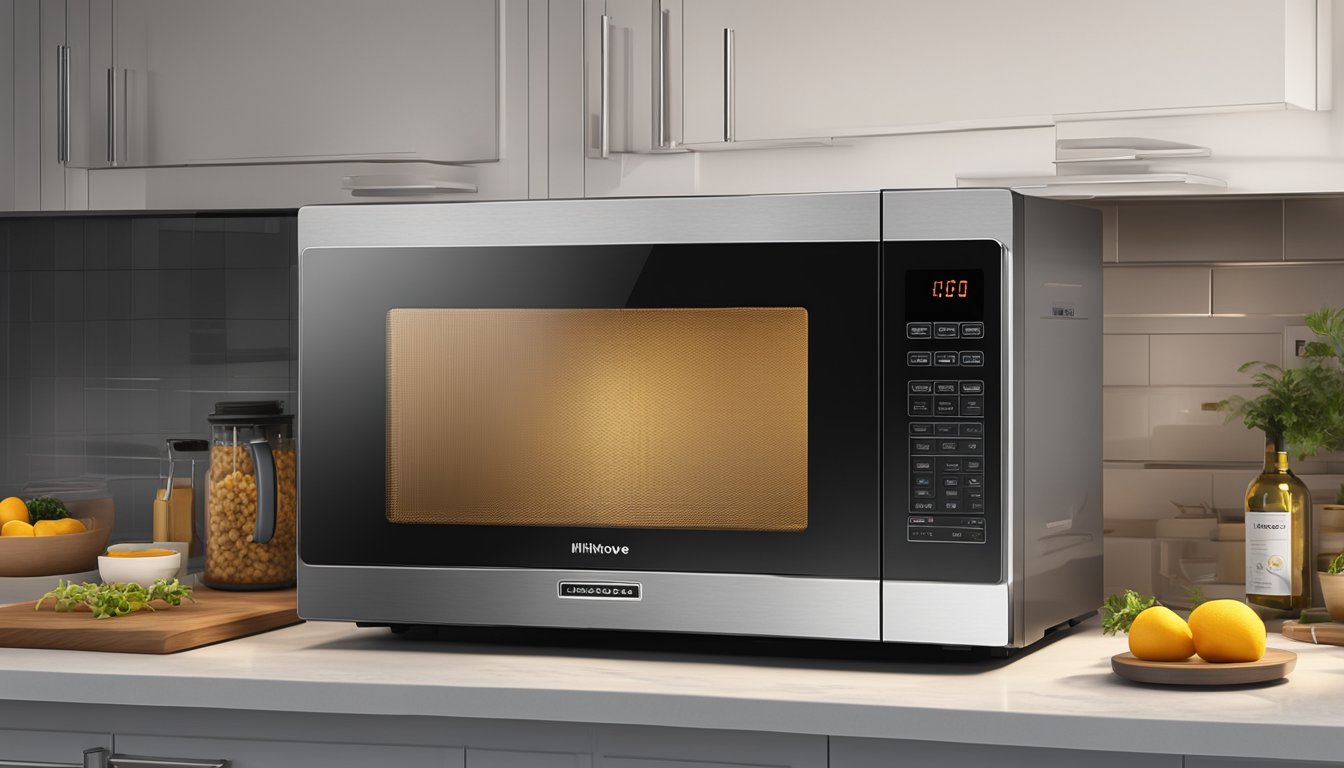 A 40L microwave oven sits on a kitchen countertop, its sleek stainless steel exterior gleaming under the warm glow of the overhead lights. The digital display shows the current time, and the door is slightly ajar, hinting at recent use