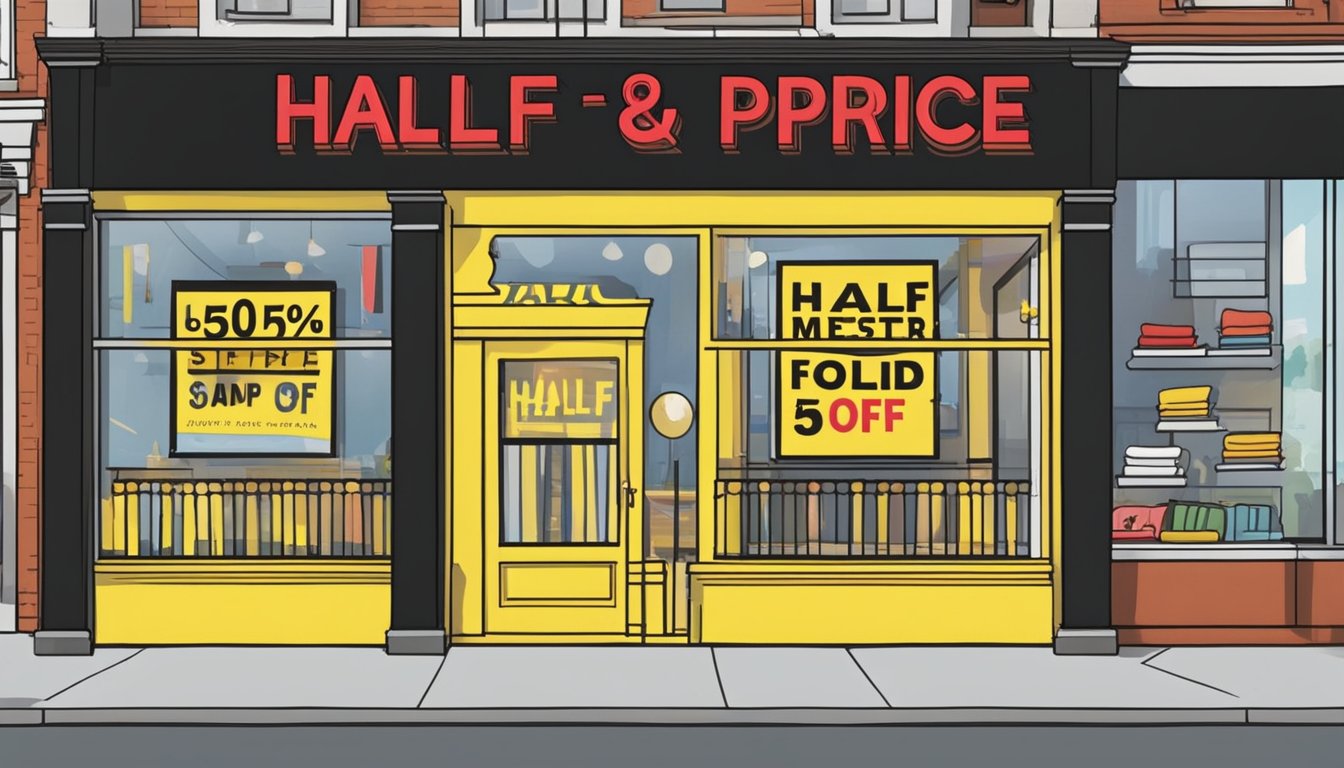 A bright yellow sign hangs above a storefront, reading "Half Price Mattress" in bold black letters. The store window displays various mattresses in different sizes and colors, with a large red "50% off" sticker on each one