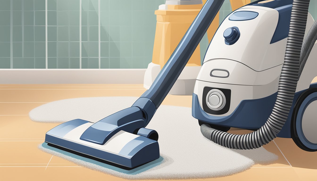 The vacuum cleaner sits on a clean, well-lit surface. A brush attachment is being removed for cleaning, while a filter is being replaced. The vacuum's cord is neatly coiled nearby