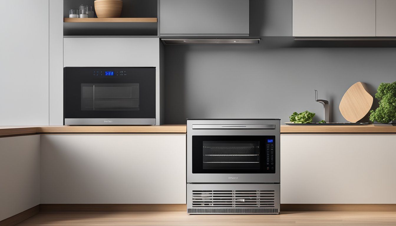 A 40L microwave oven sits on a clean, modern kitchen counter, its digital display illuminated with the time and temperature settings. The door is closed, and the interior light is off