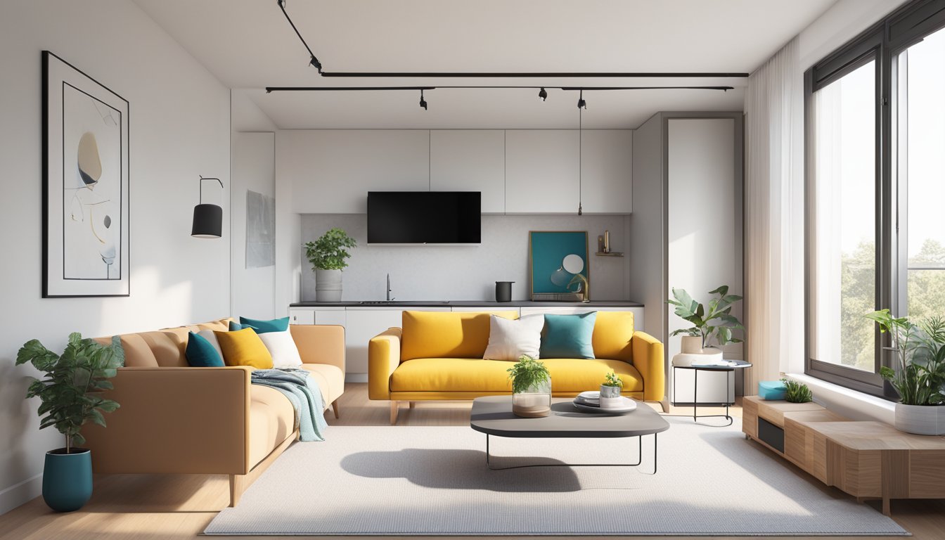 A bright and airy 2-room flexi flat with a modern and minimalist interior design. The space features sleek furniture, clean lines, and pops of color for a contemporary and functional living environment