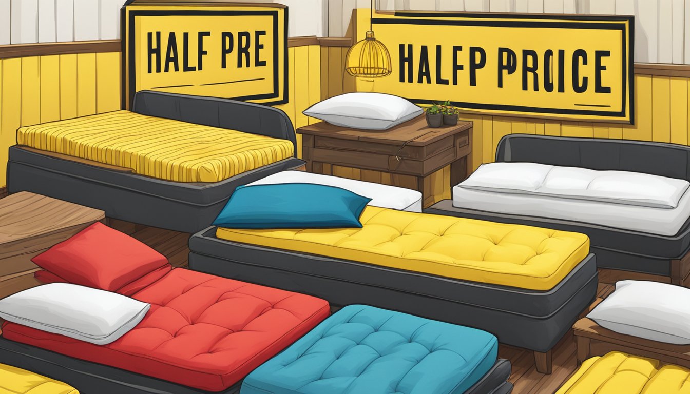 A bright yellow banner with bold black lettering hangs above a row of plush mattresses, each adorned with a red tag proclaiming "Half Price."
