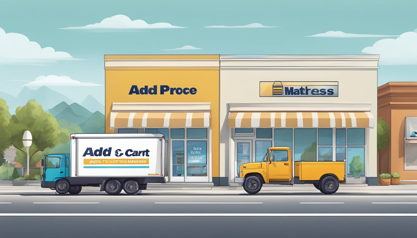 A customer clicks "add to cart" on a half price mattress. A delivery truck awaits outside the store, ready to transport the mattress to the customer's home