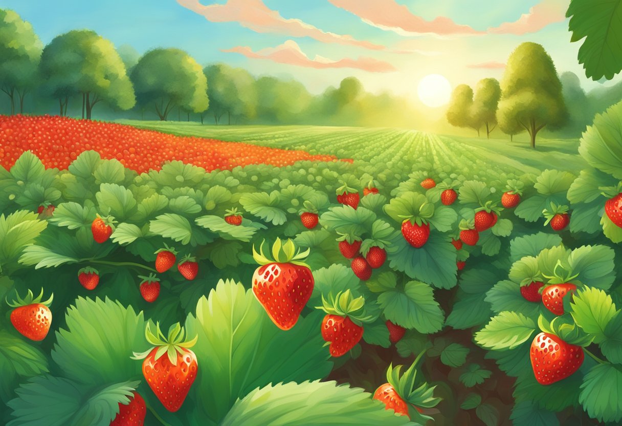 Lush strawberry fields with vibrant red berries ready for picking. Sunlight filters through the green leaves, creating a picturesque scene