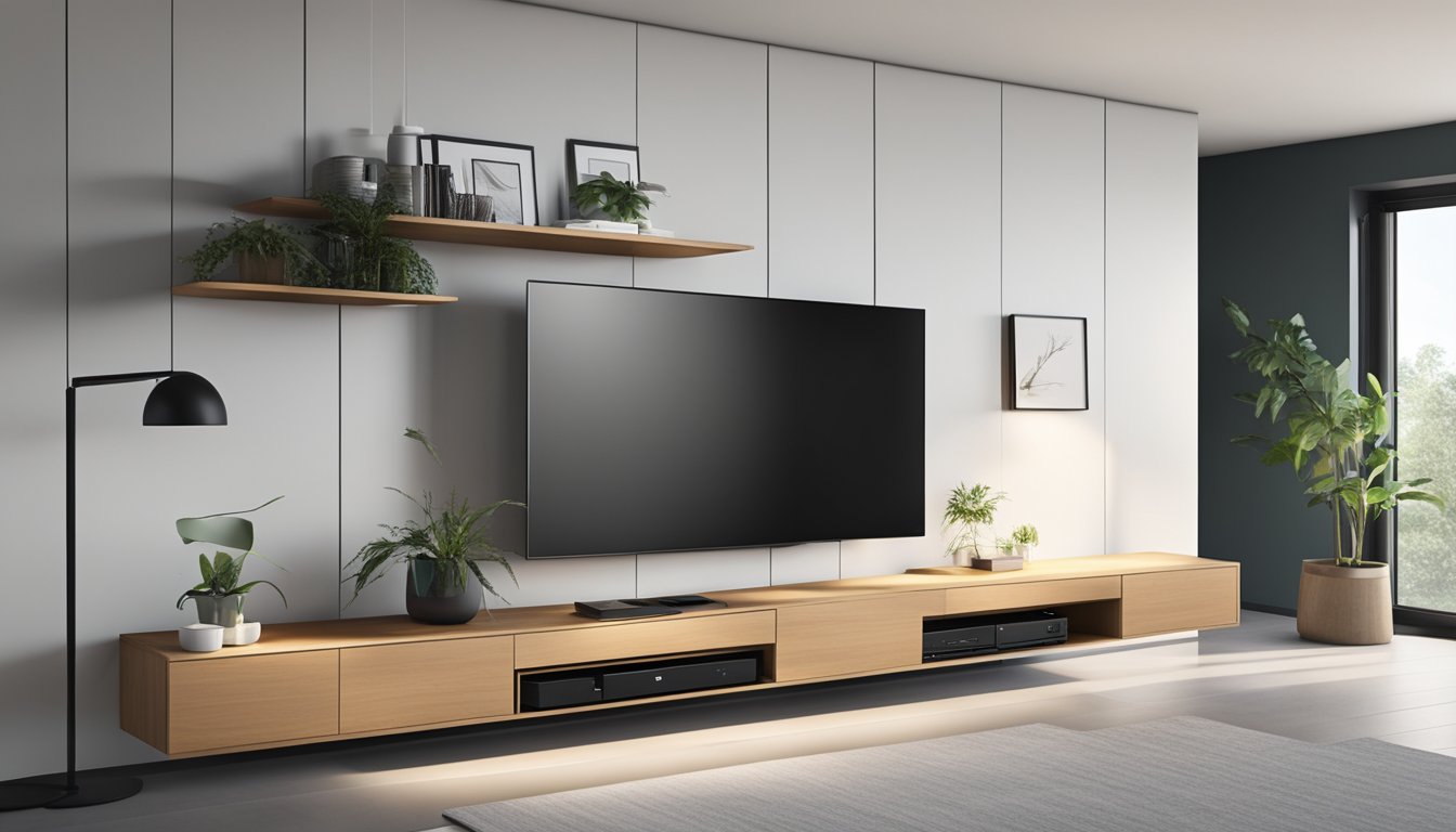 A sleek, modern TV console with built-in storage compartments and cable management features. The console is mounted on the wall, with a minimalist design and clean lines
