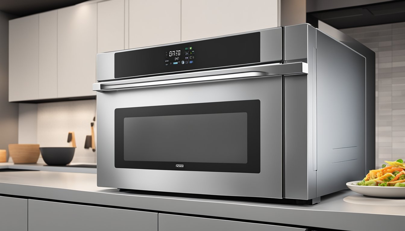 A sleek 40L microwave oven sits on a modern kitchen countertop, with a digital display and touchpad controls. The oven door is closed, and the interior light is off
