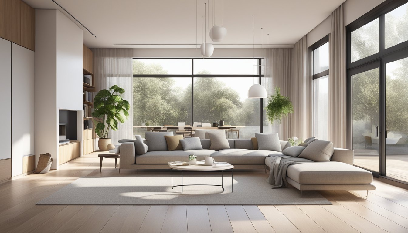 A modern, open-plan living space with flexible furniture arrangements and sleek, minimalist decor. Natural light floods in through large windows, highlighting the clean lines and neutral color palette