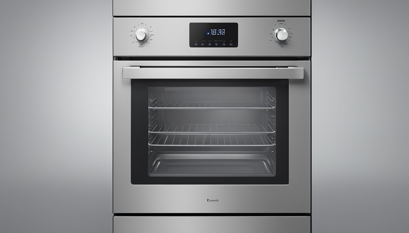 A standard-sized home oven, with adjustable racks and a clear viewing window, sits against a clean, neutral backdrop. The oven door is closed, and the control panel is visible