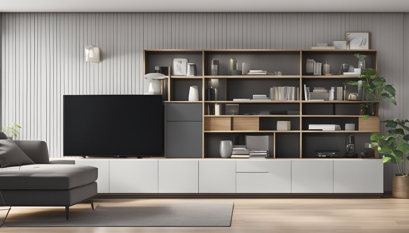 A sleek, modern TV cabinet in a living room, with built-in compartments for organizing electronics and storage