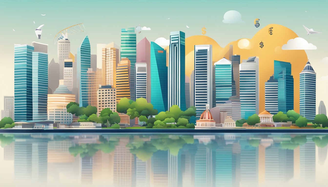 A skyline of Singapore with iconic financial district buildings and currency symbols floating in the air