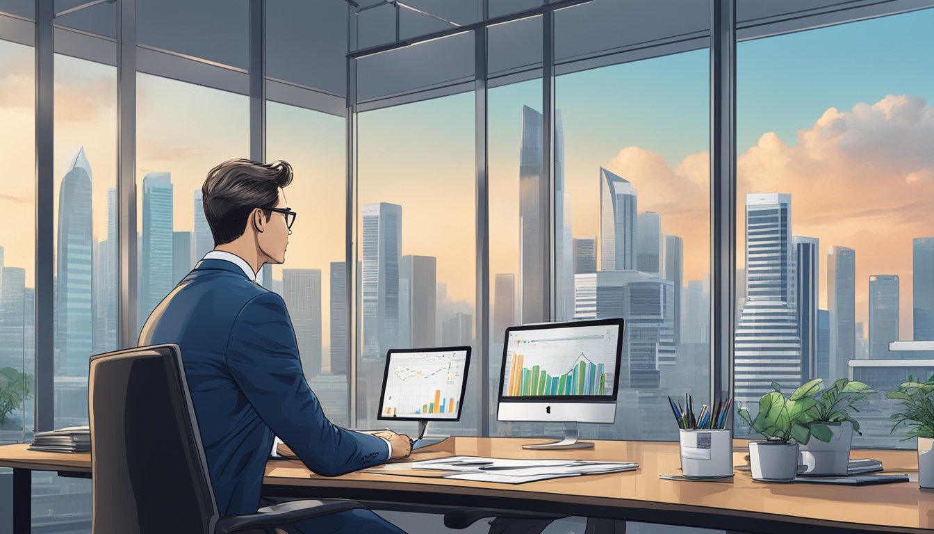 An investment banker sits at a sleek desk in a modern office, surrounded by charts and graphs. The Singapore skyline is visible through the window, showcasing the city's financial prowess