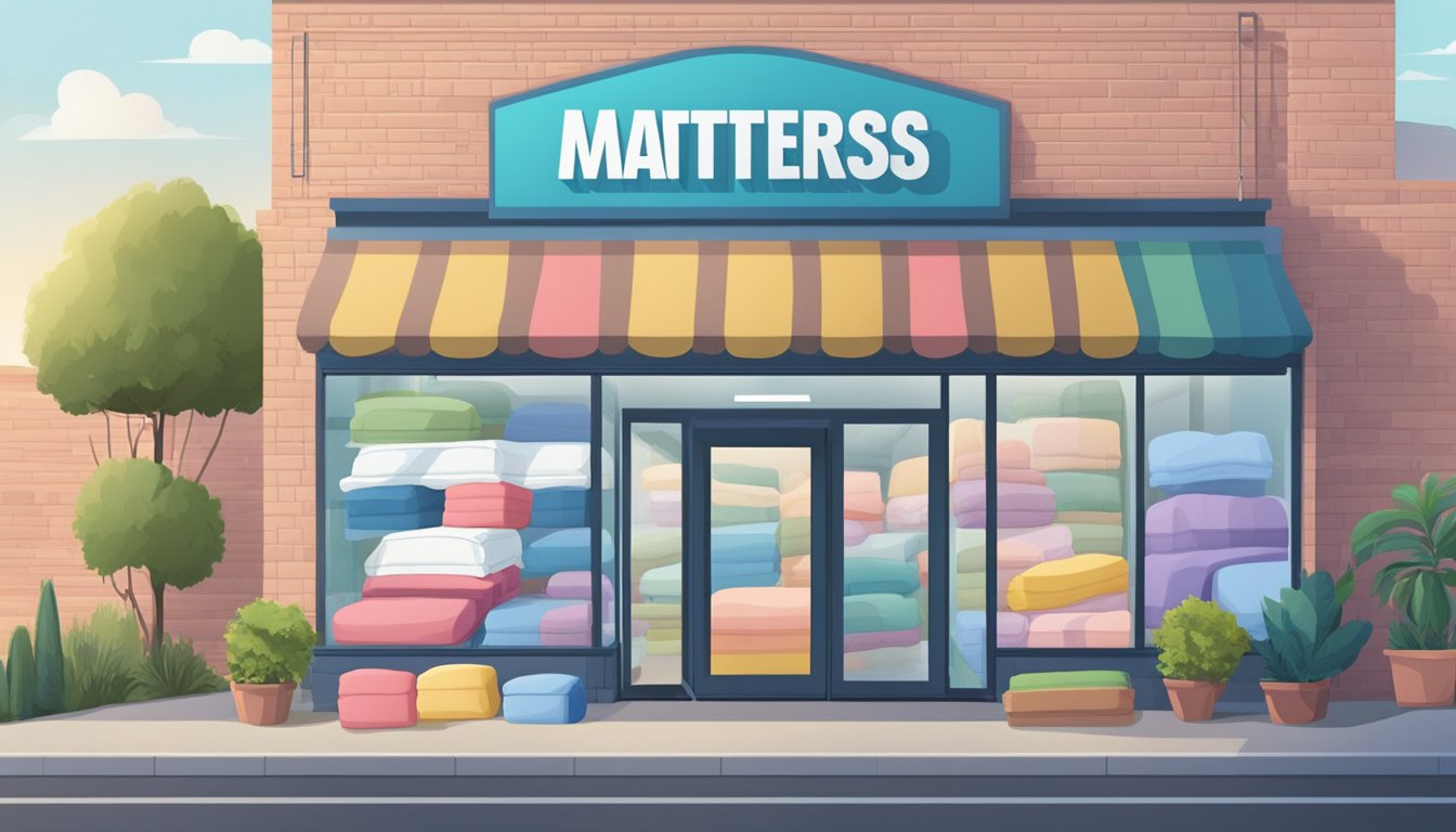 A mattress store with a large "Frequently Asked Questions" sign, surrounded by various mattresses at half price