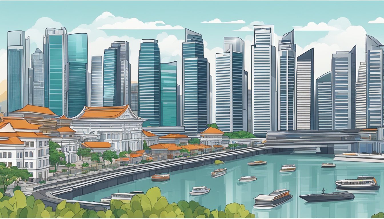 A skyline of Singapore with a prominent financial district, featuring skyscrapers and office buildings, symbolizing the lucrative salaries of entry-level investment bankers