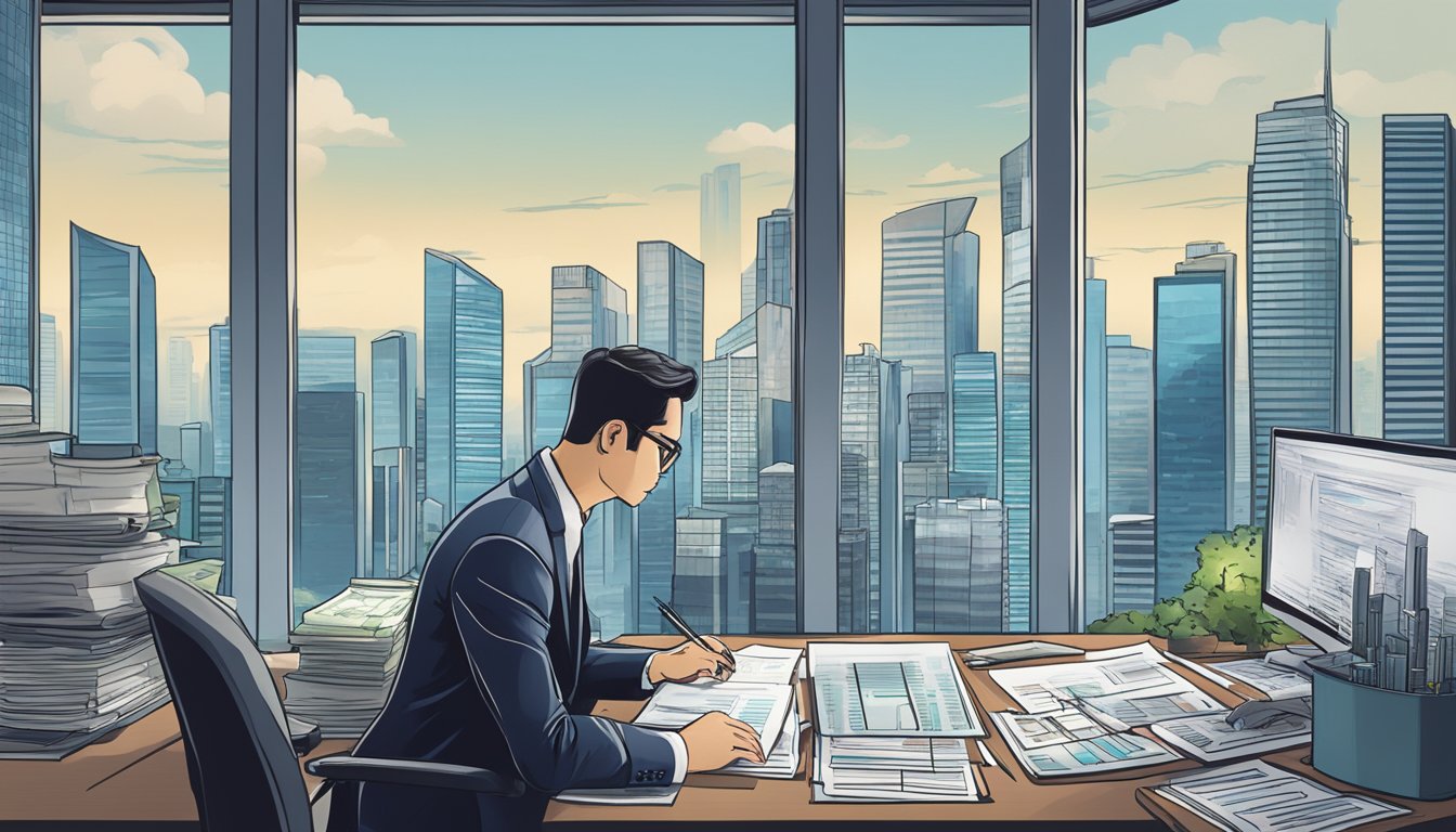 An investment banker sits at a desk, surrounded by financial reports and charts. The skyline of Singapore is visible through the window, symbolizing the city's financial hub status
