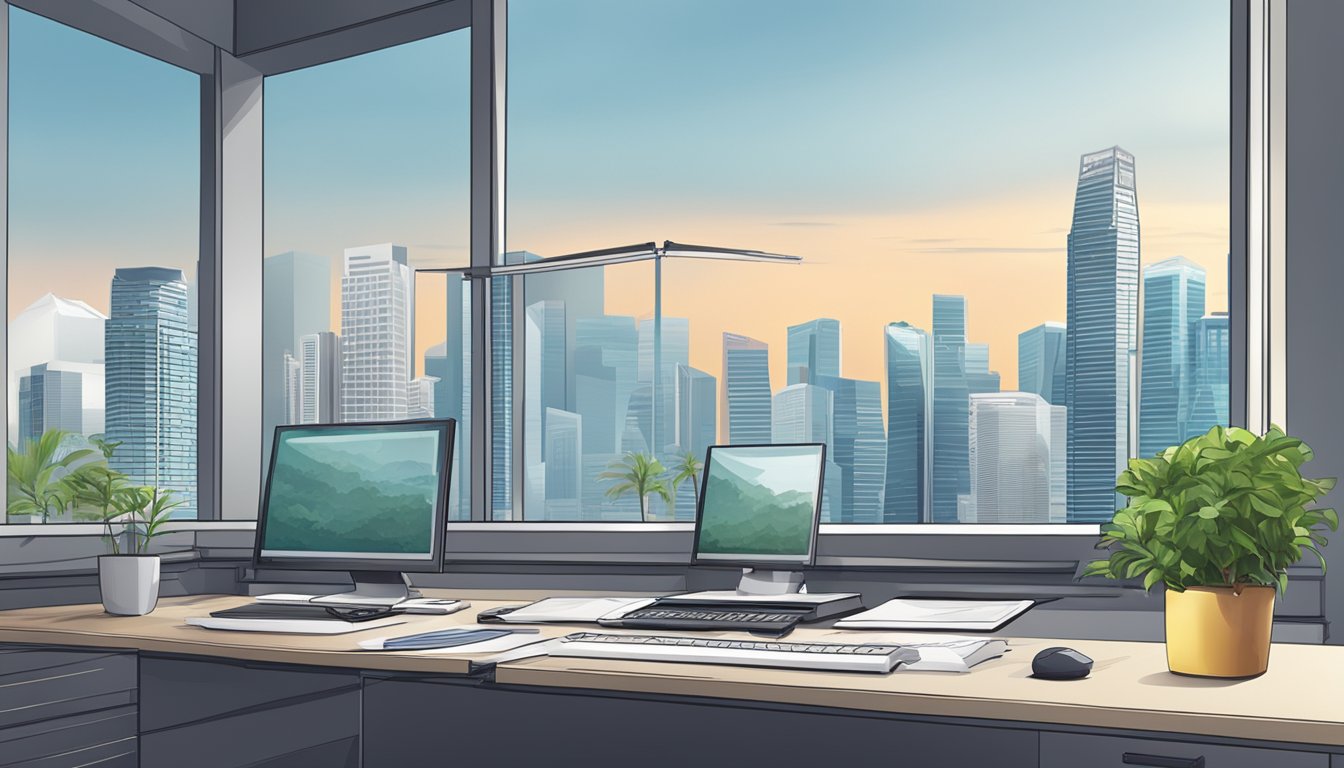 An office desk with a computer, financial reports, and a calculator. A skyline of Singapore in the background