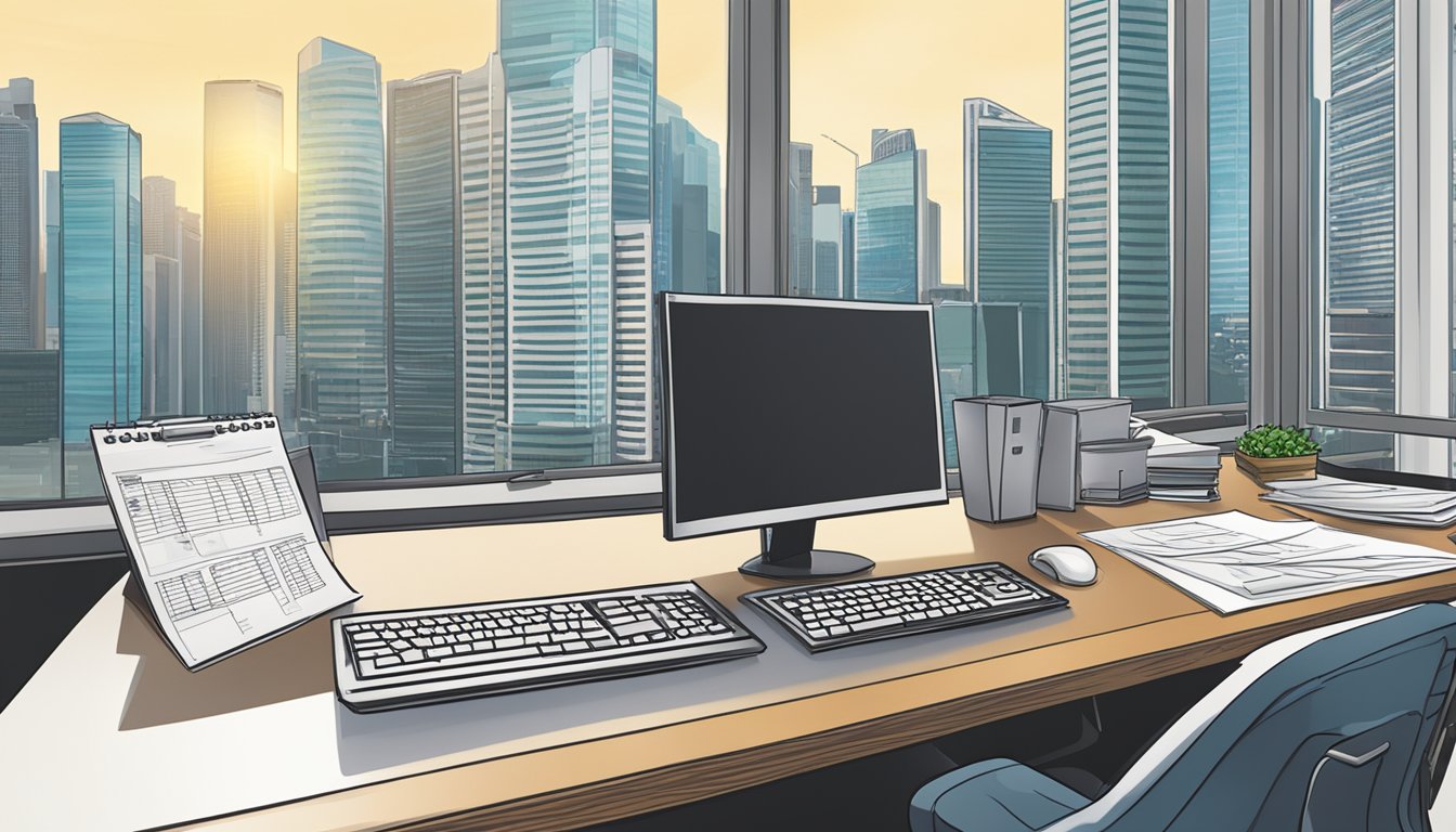 An office desk with a computer, financial reports, and a skyline of Singapore in the background