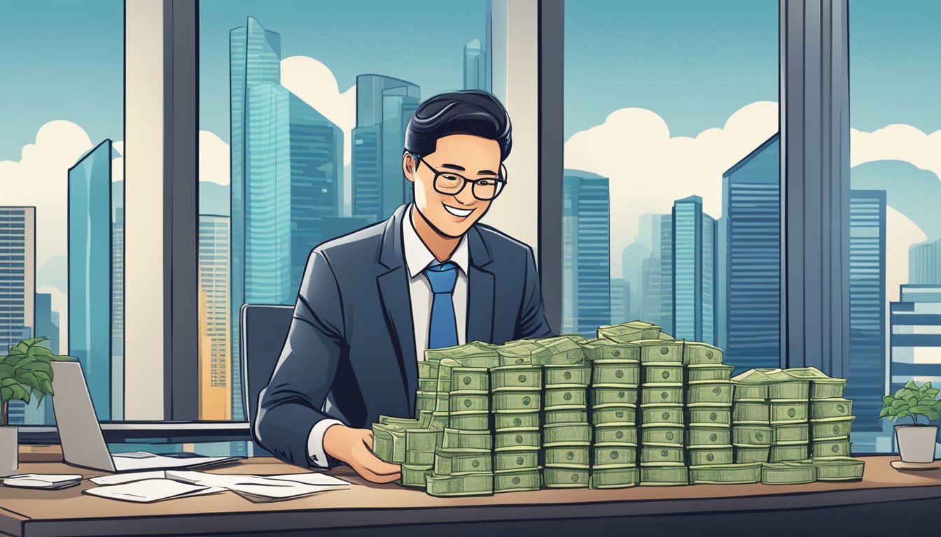 An investment banker in Singapore is counting a stack of money, with a confident smile on their face. The skyline of the city is visible through the window behind them