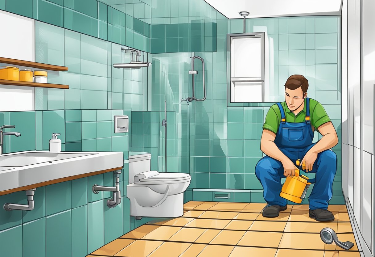 A plumber installs a new bathroom, laying tiles and fitting fixtures