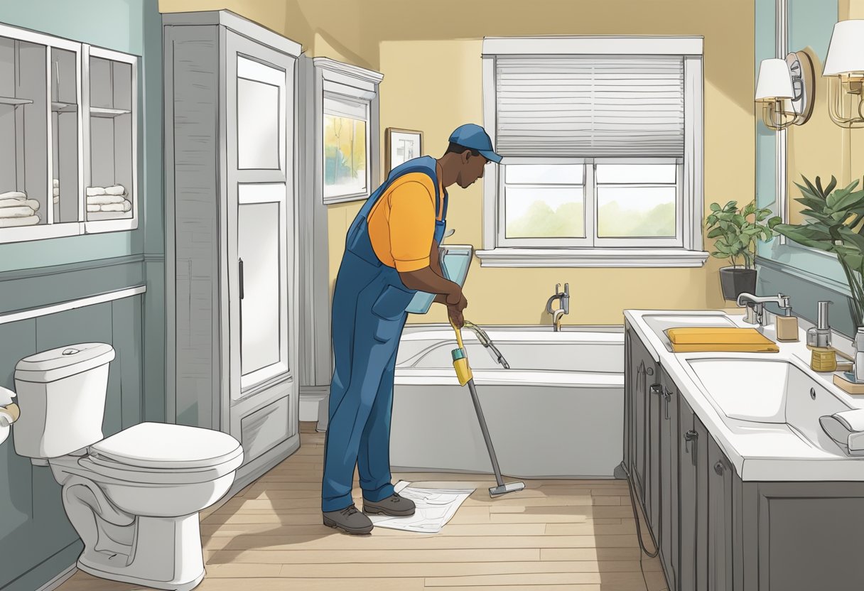A bathroom fitter working on a remodel, surrounded by tools and materials, with a client looking at a list of frequently asked questions about pricing