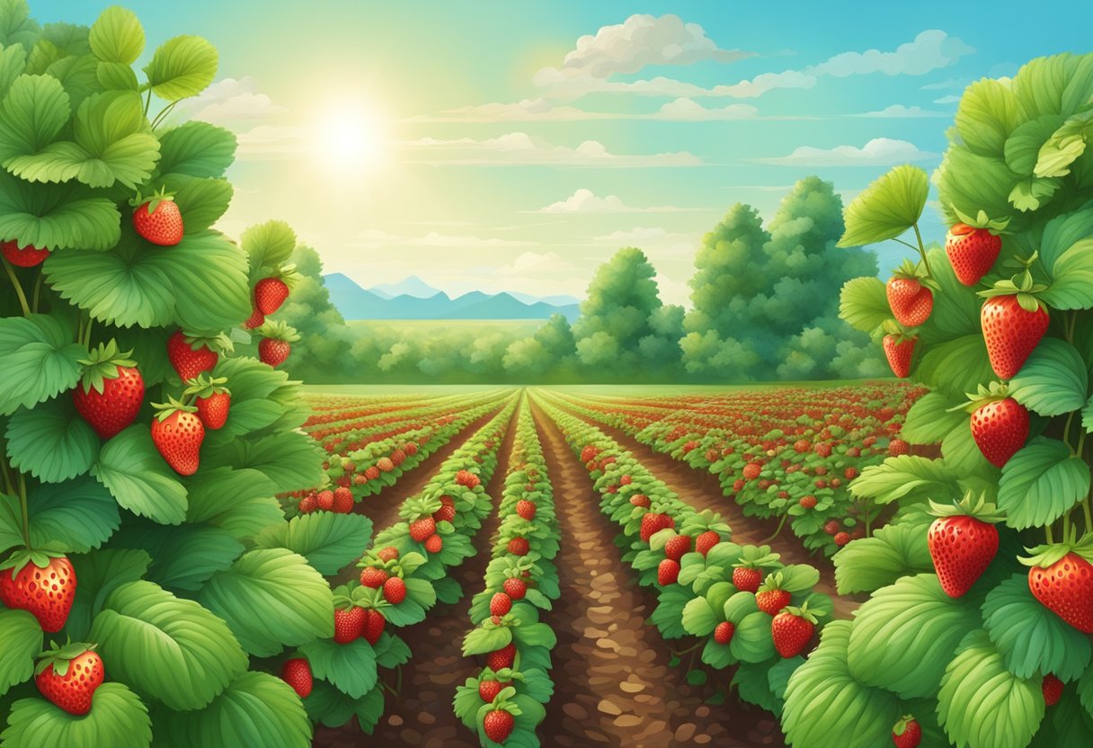 Lush strawberry fields with rows of ripe red fruits, surrounded by green foliage and a bright blue sky