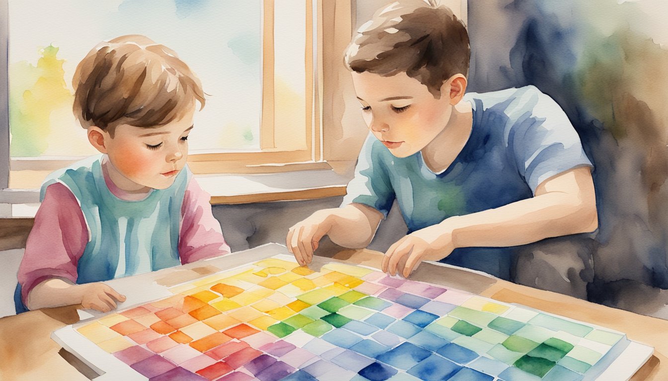 A child with autism gazes at a colorful puzzle, while a therapist observes and provides guidance